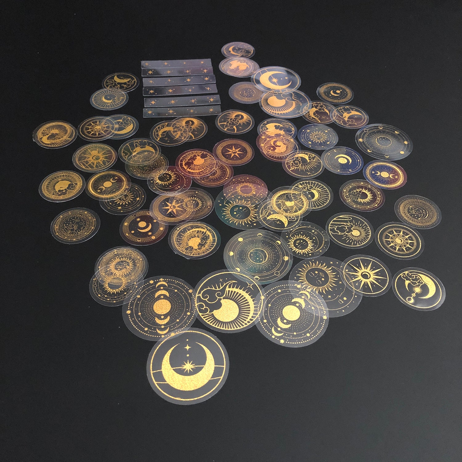 70 pcs Glitter Gold PET Adhesive Stickers Waterproof Transparent Label: SUN MOON Stars etc-zoom-9