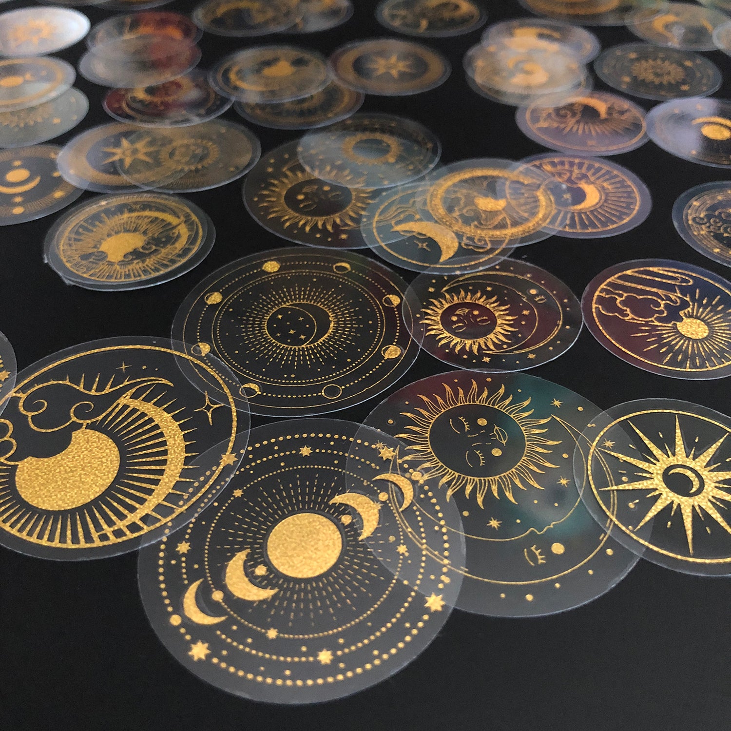70 pcs Glitter Gold PET Adhesive Stickers Waterproof Transparent Label: SUN MOON Stars etc-2