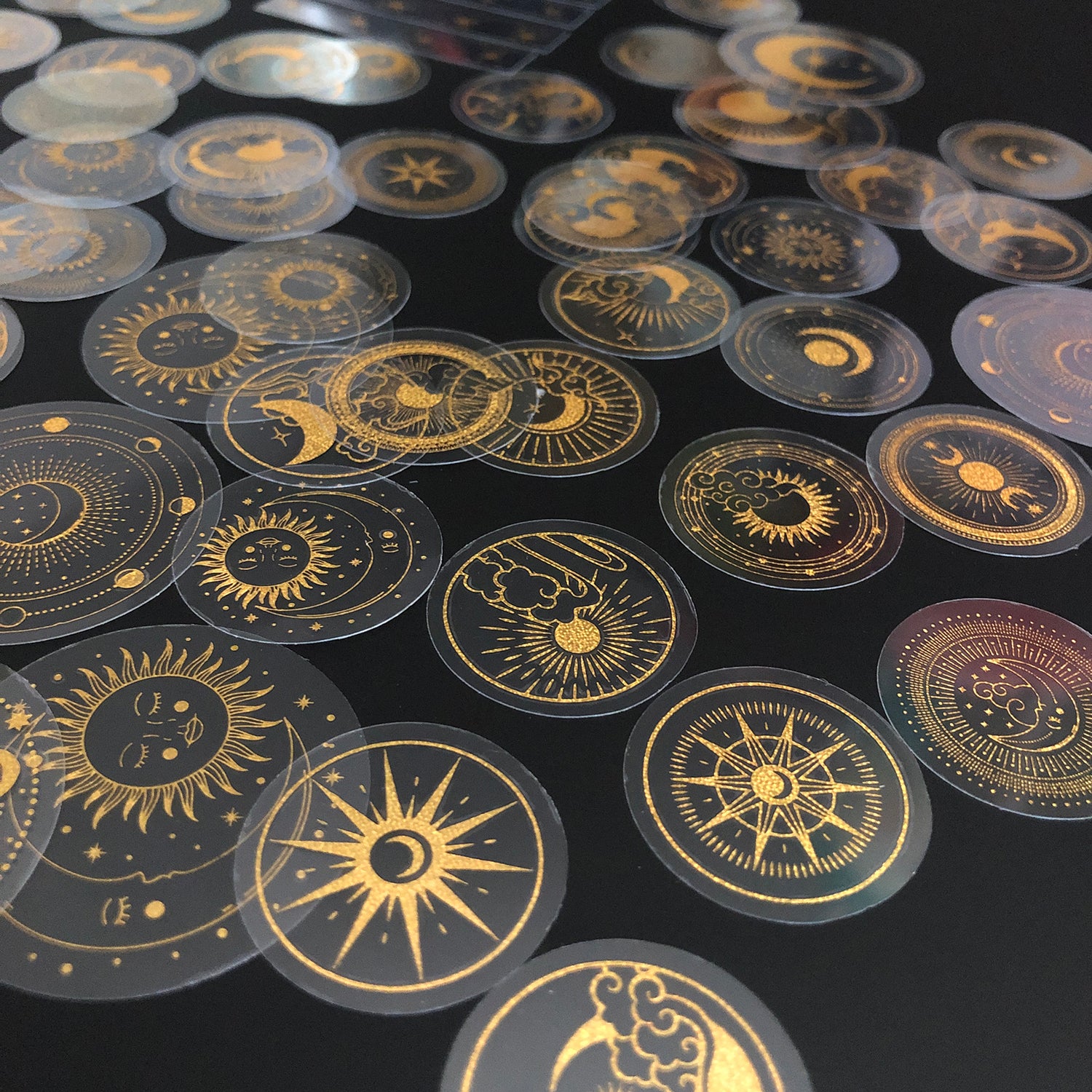 70 pcs Glitter Gold PET Adhesive Stickers Waterproof Transparent Label: SUN MOON Stars etc-zoom-10
