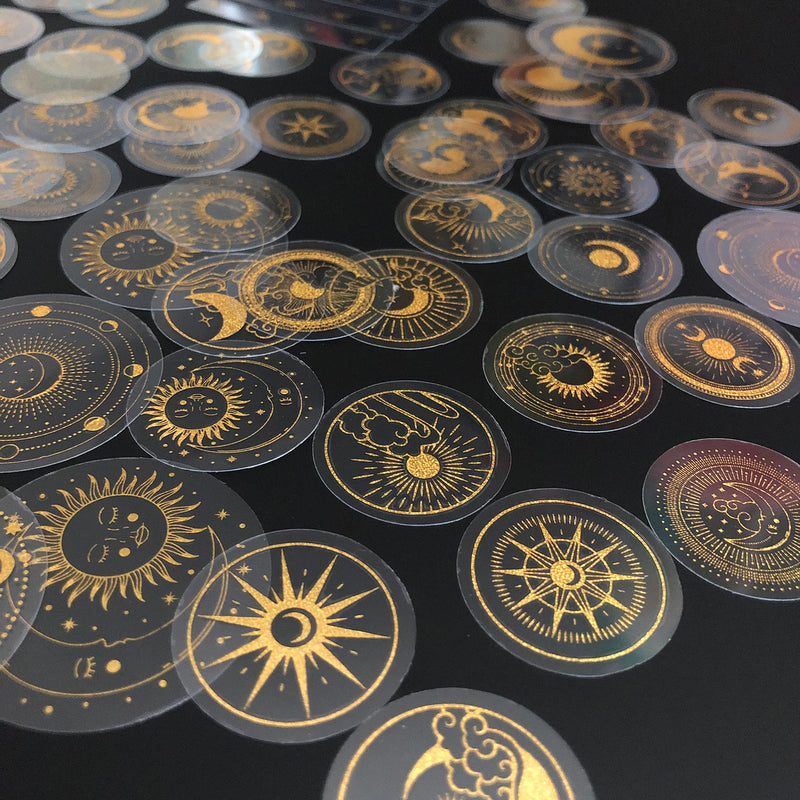 70 pcs Glitter Gold PET Adhesive Stickers Waterproof Transparent Label: SUN MOON Stars etc-zoom-