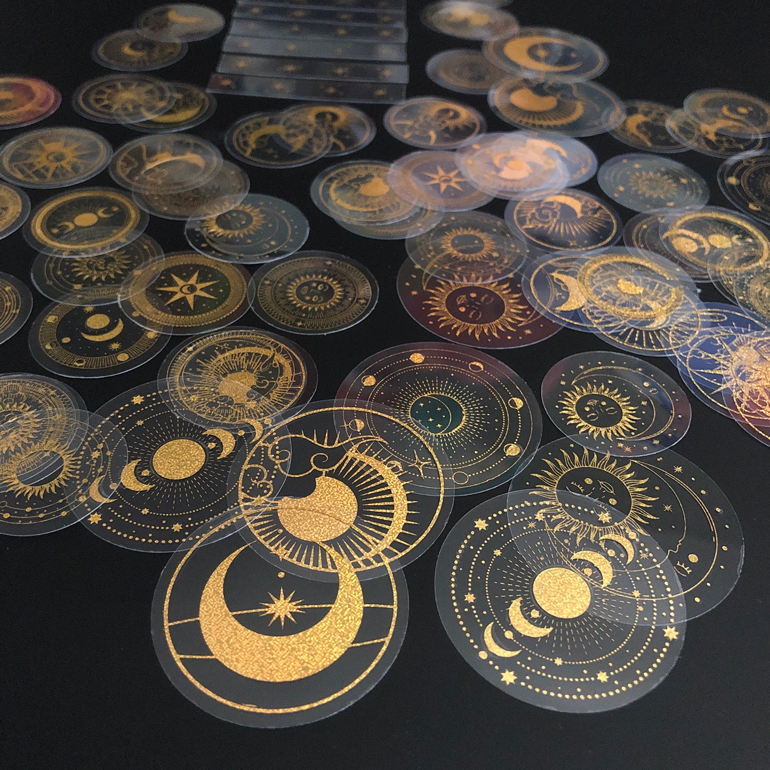 70 pcs Glitter Gold PET Adhesive Stickers Waterproof Transparent Label: SUN MOON Stars etc-11