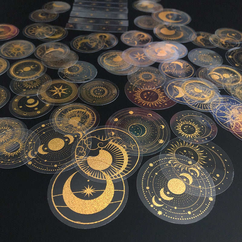 70 pcs Glitter Gold PET Adhesive Stickers Waterproof Transparent Label: SUN MOON Stars etc-zoom-