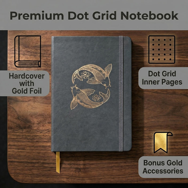 A5 Koi Fish Dot Grid Notebook Journal, 160gsm Ivory Paper, Numbered Pages, Hardcover with Gold Foil Cover-zoom-