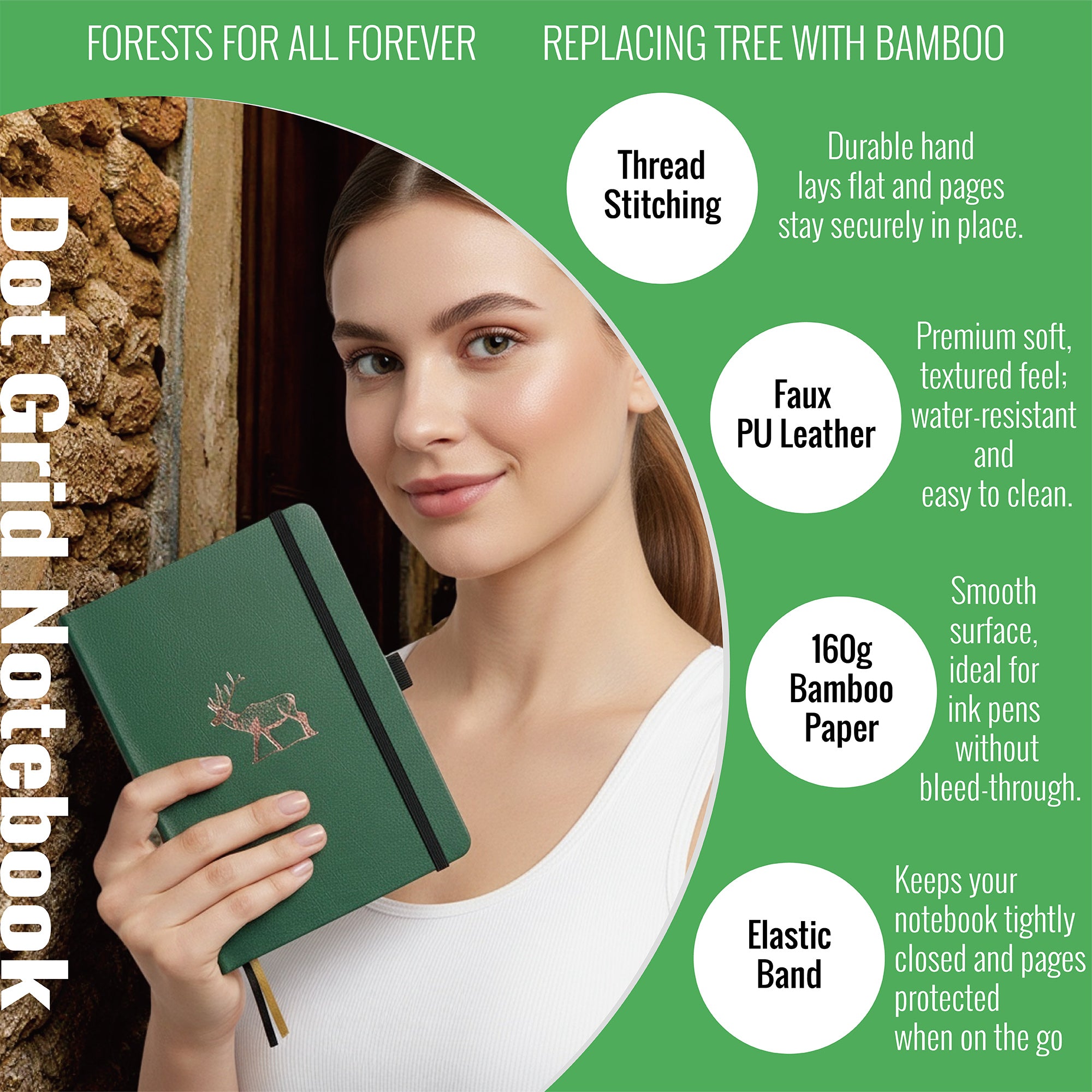 A5 Forest Green Deer Dot Grid Journal with 160gsm Bamboo Paper-zoom-7