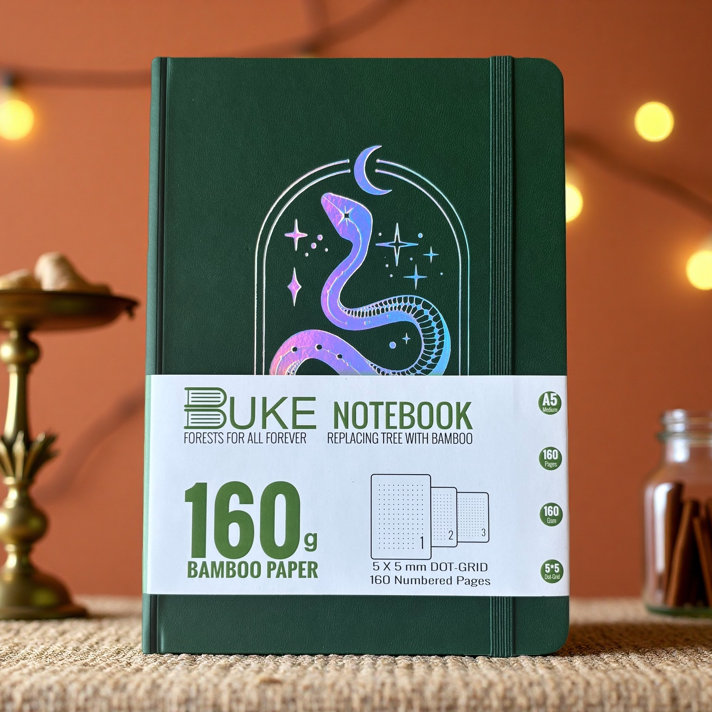 A5 Dot Grid Notebook Dark Green PU Journal with Iridescent Snake Cover-8