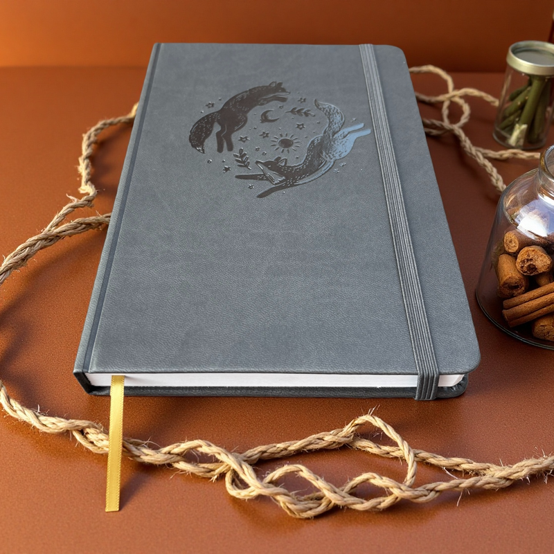 Gift-Ready A5 Dot Grid Journal in Dark Grey with Embossed Fox Moon Cover-zoom-