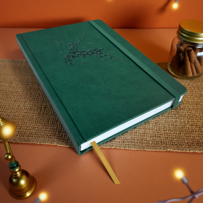 A5 Dot Grid Notebook Teal Green PU Journal with Embossed Reindeer Cover-zoom-