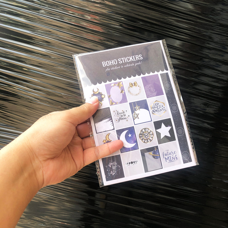 9 Bögen BOHO Sticker Mystery-Serie für Bullet Journals, Planer und Notizbücher. Plus roségoldener Sticker zum Feiern von Zielen-zoom-