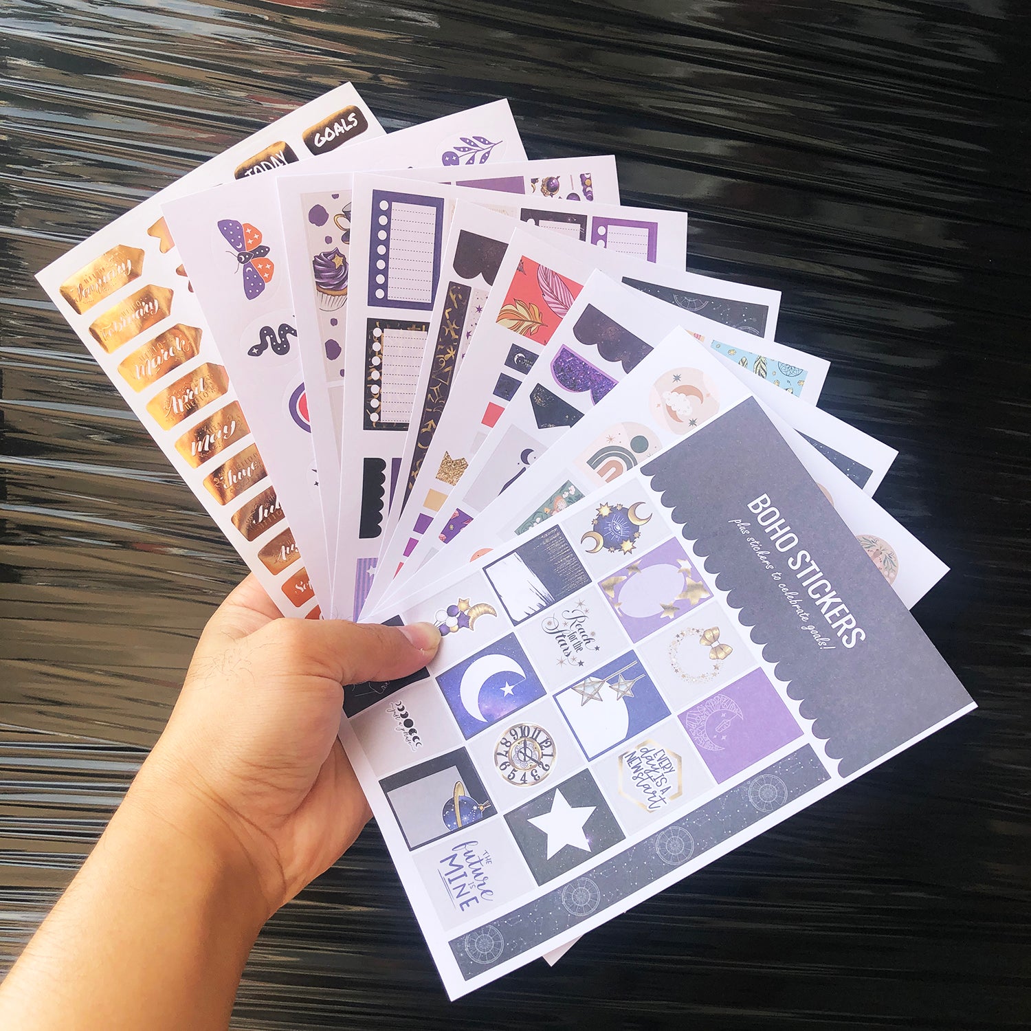 9 Bögen BOHO Sticker Mystery-Serie für Bullet Journals, Planer und Notizbücher. Plus roségoldener Sticker zum Feiern von Zielen-zoom-2