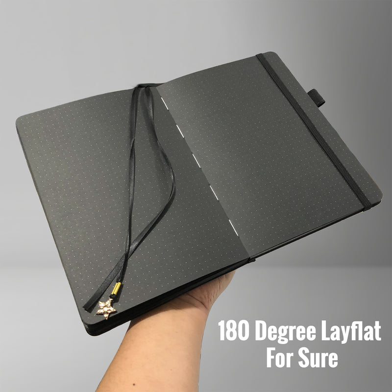 Journal à pois en papier noir de 150g, carnet de notes à grille de points de 160 Pages 5x5mm, couverture rigide en cuir PU végétalien de taille A5 avec interdiction élastique-zoom-