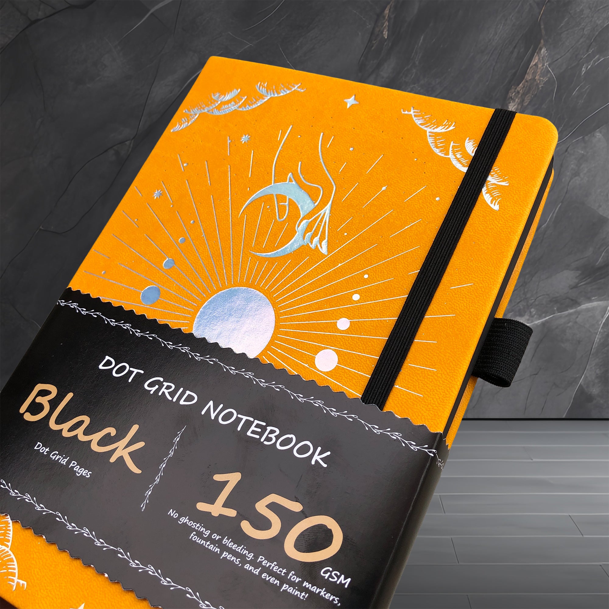150g Black Paper Bullet Dotted Journal-Moons-Orange Color PU Leather A5 Size Hardcover