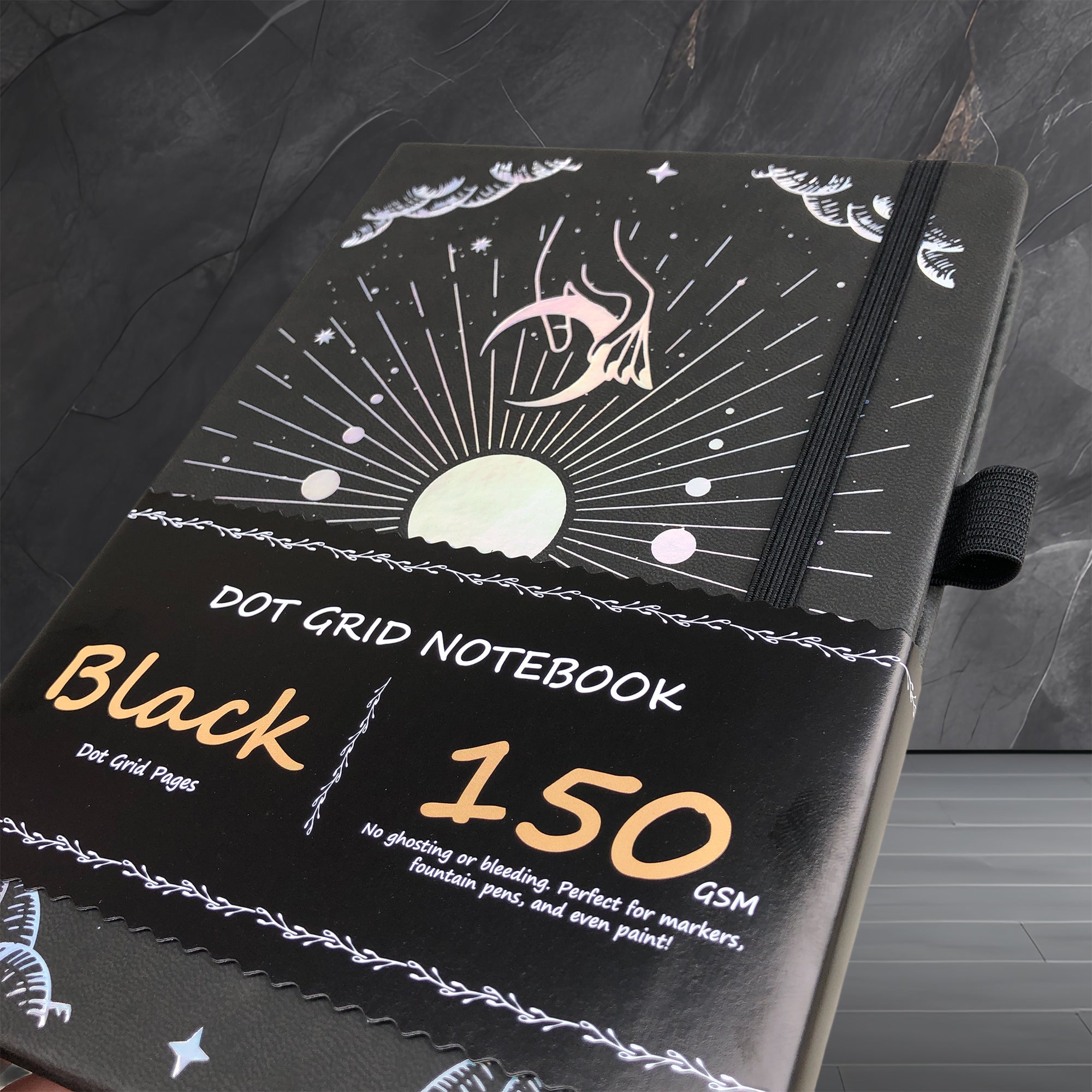 150g Black Paper Bullet Dotted Journal-Moons-Sky Grey Color PU Leather A5 Size Hardcover