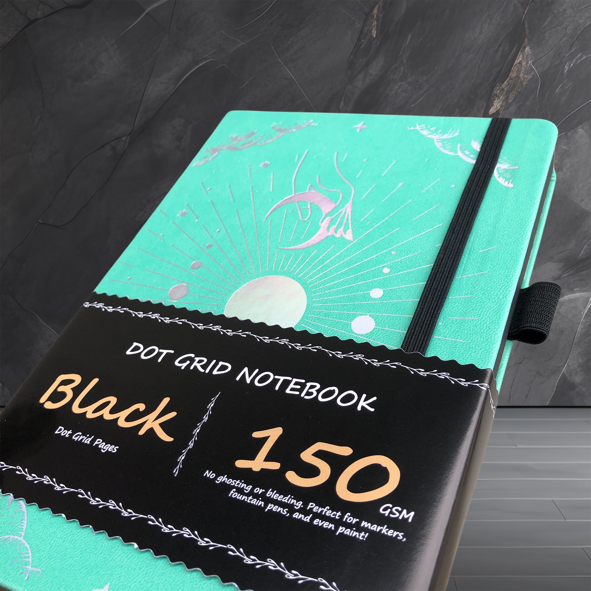 150g Black Paper Bullet Dotted Journal-Moons-Green Color PU Leather A5 Size Hardcover