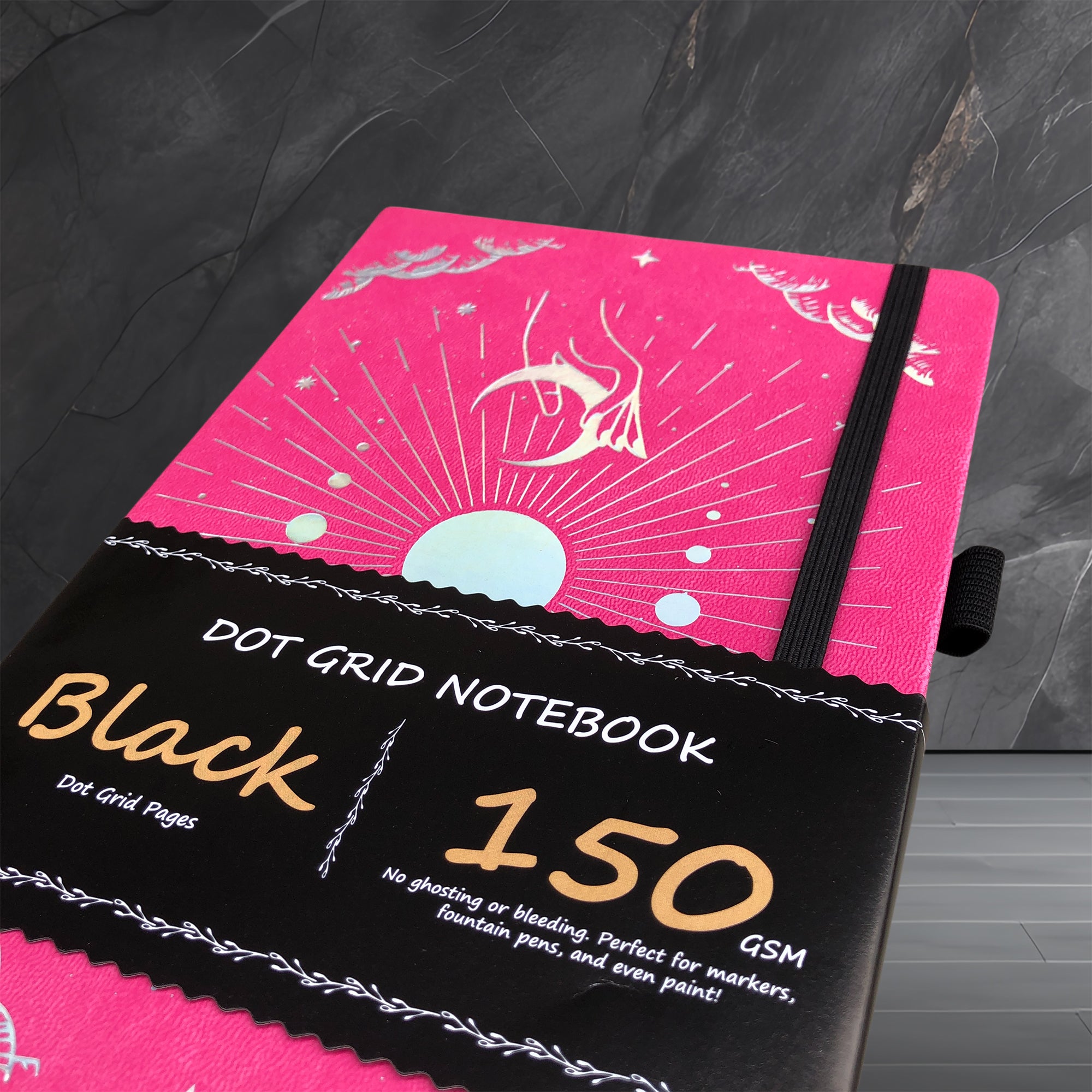 150g Black Paper Bullet Dotted Journal-Moons-Rose Red Color PU Leather A5 Size Hardcover