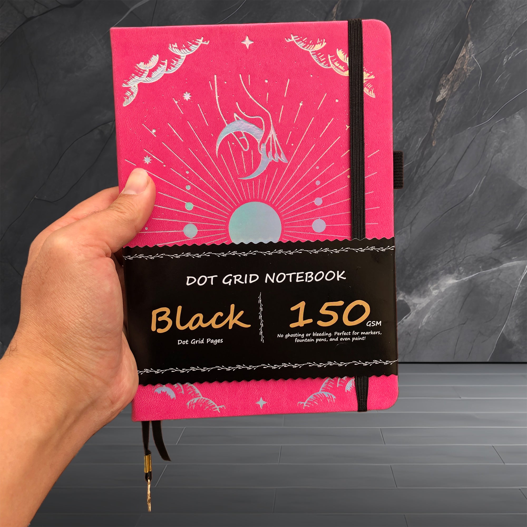 150g Black Paper Bullet Dotted Journal-Moons-Rose Red Color PU Leather A5 Size Hardcover