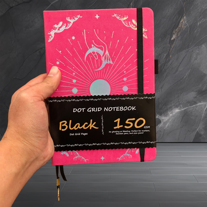 150g Black Paper Bullet Dotted Journal-Moons-Rose Red Color PU Leather A5 Size Hardcover-zoom-