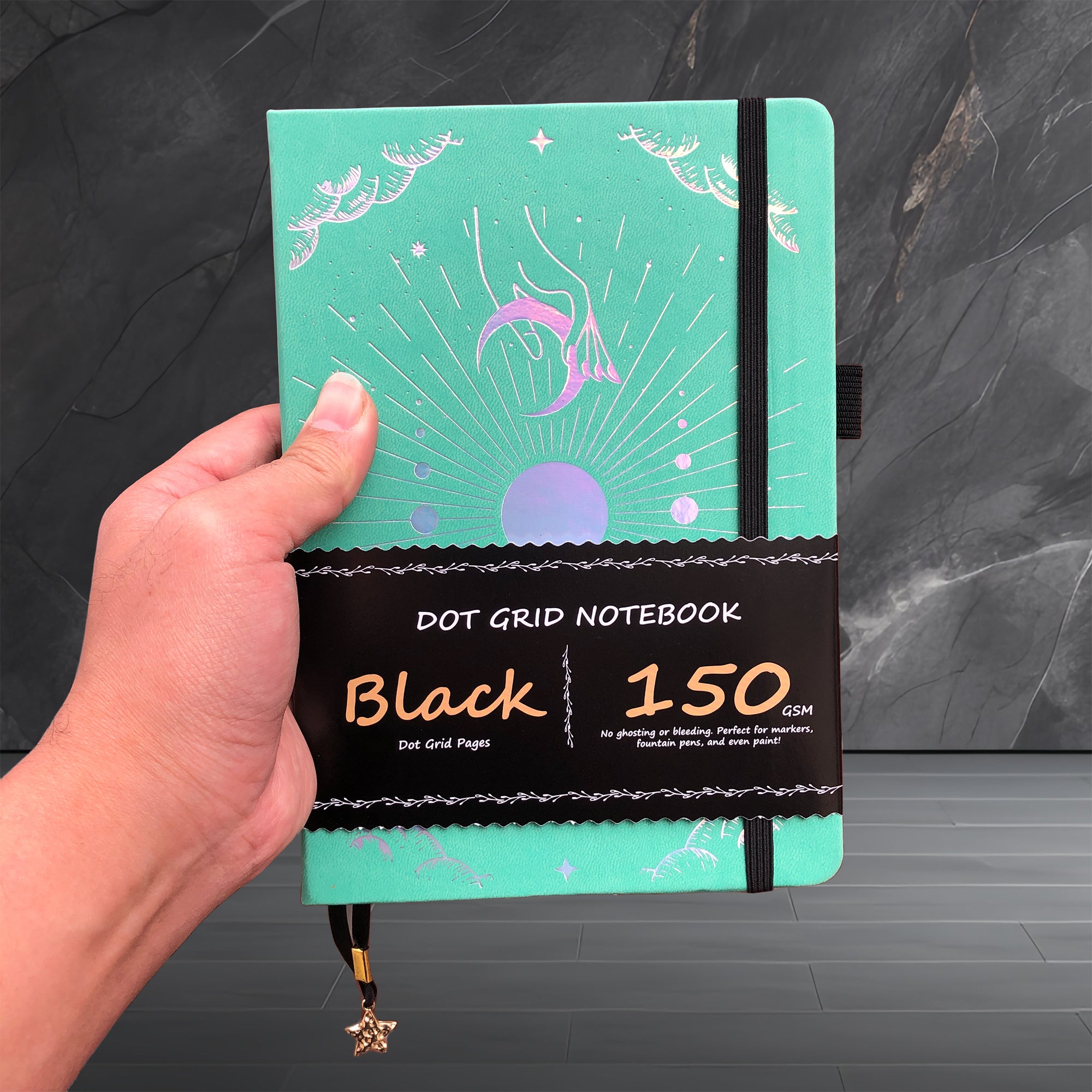 150g Black Paper Bullet Dotted Journal-Moons-Green Color PU Leather A5 Size Hardcover