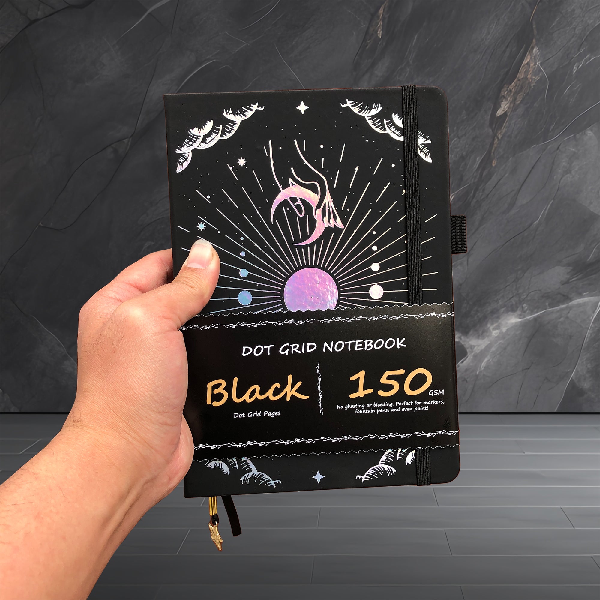 150g Black Paper Bullet Dotted Journal-Moons-Black Color PU Leather A5 Size Hardcover
