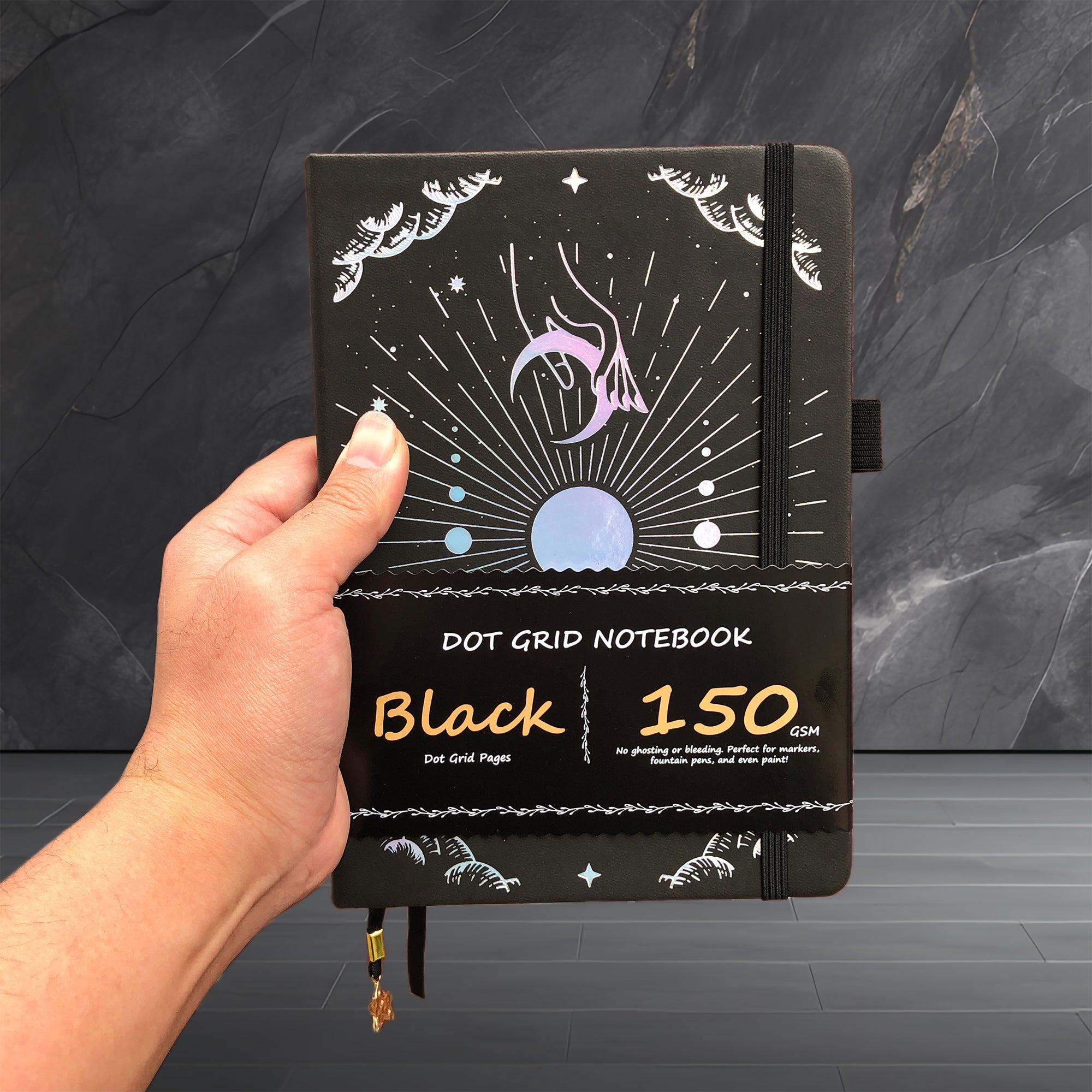 150g Black Paper Bullet Dotted Journal-Moons-Sky Grey Color PU Leather A5 Size Hardcover