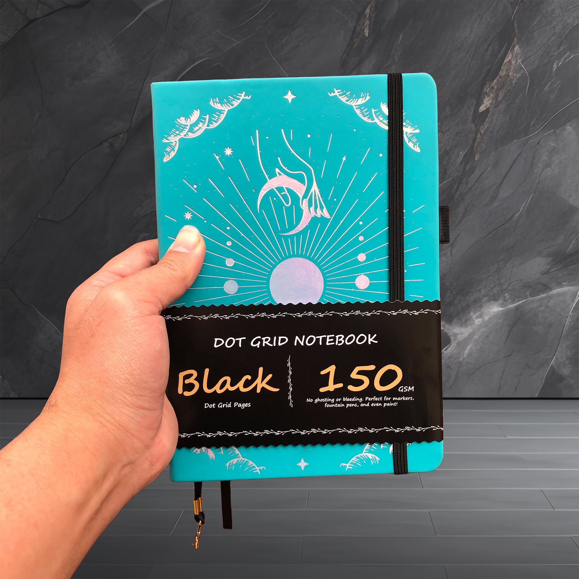 150g Black Paper Bullet Dotted Journal-Moons-Blue Color PU Leather A5 Size Hardcover