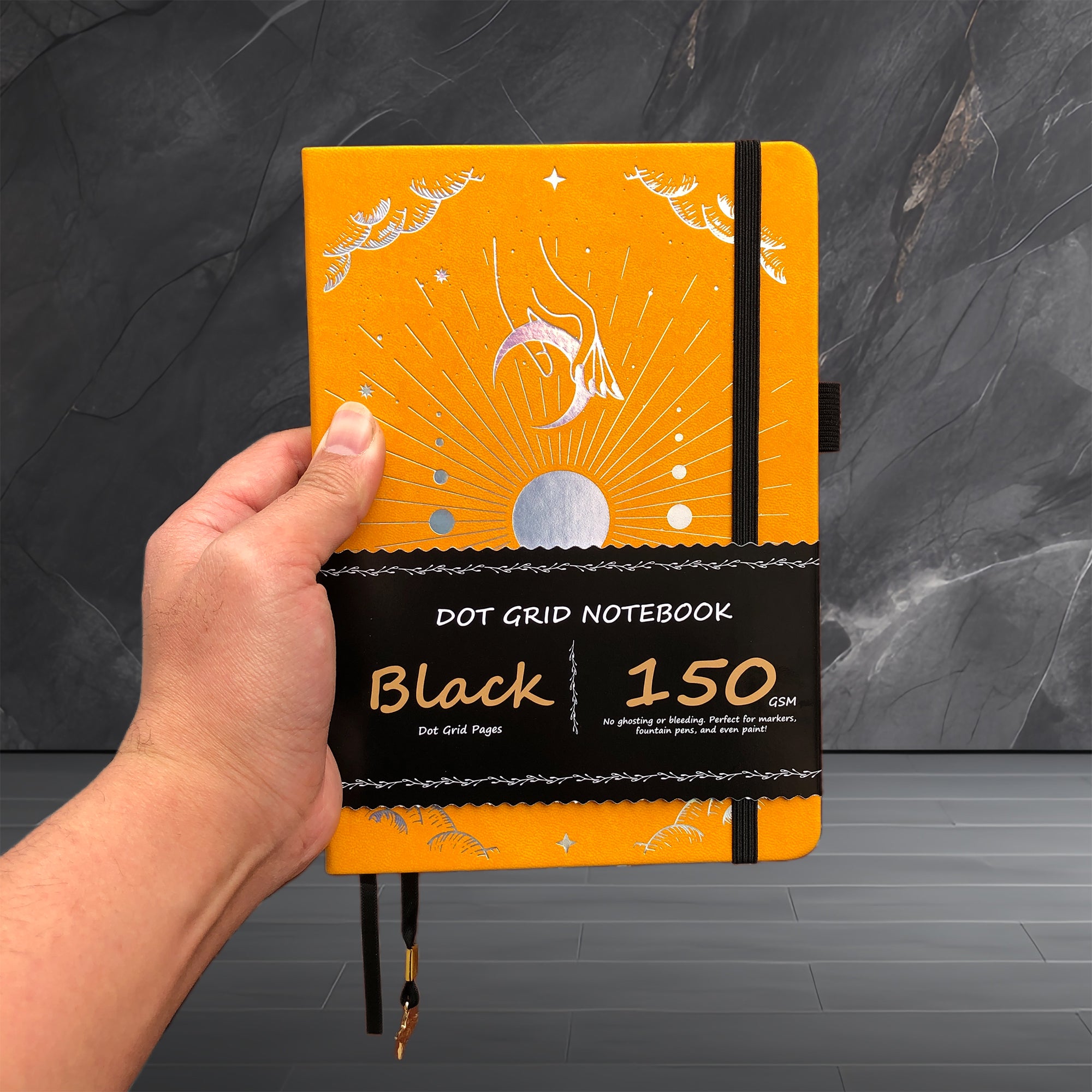 150g Black Paper Bullet Dotted Journal-Moons-Orange Color PU Leather A5 Size Hardcover