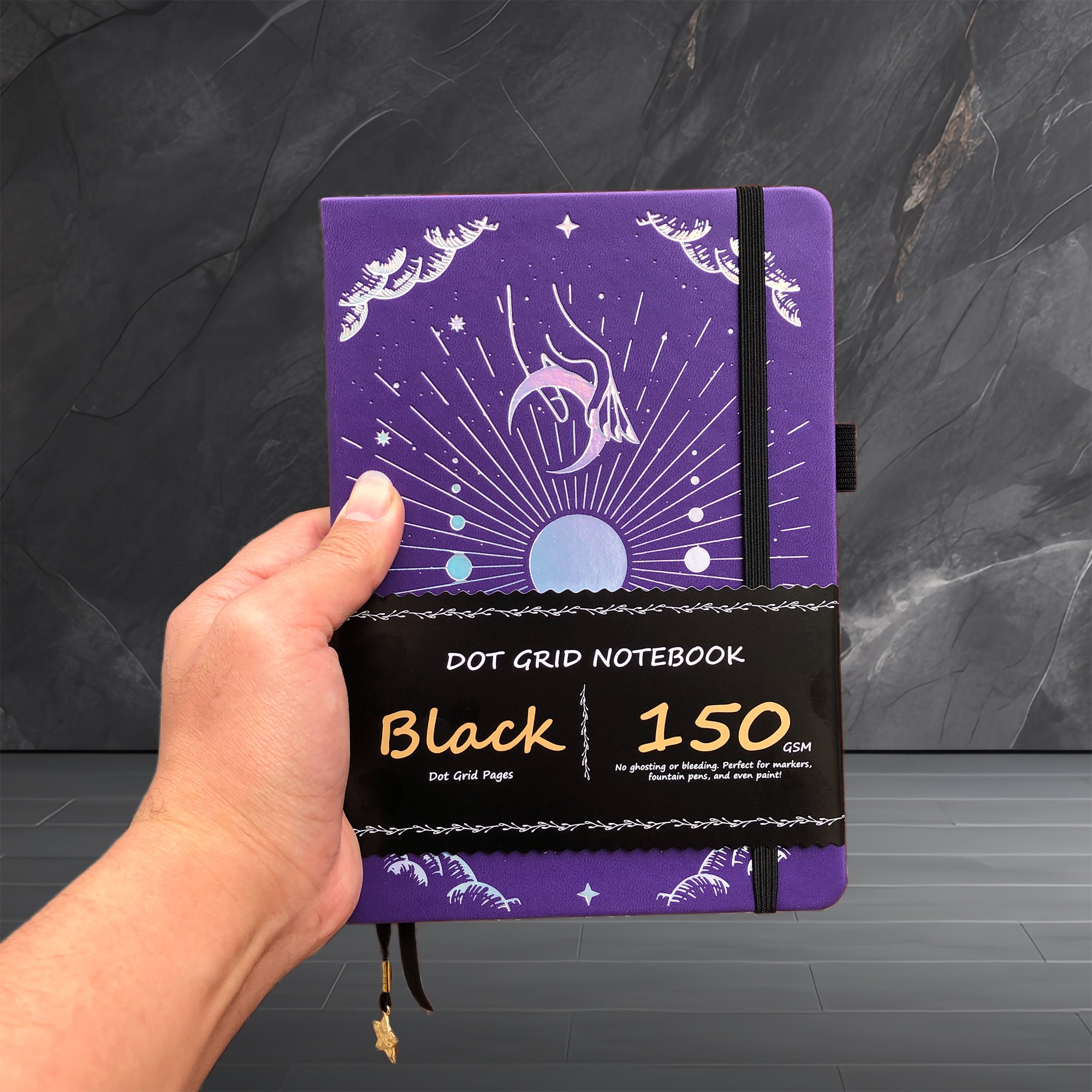 150g Black Paper Bullet Dotted Journal-Moons-Purple Color PU Leather A5 Size Hardcover