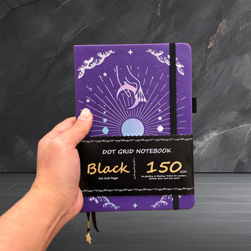 150g Black Paper Bullet Dotted Journal-Moons-Purple Color PU Leather A5 Size Hardcover-zoom-
