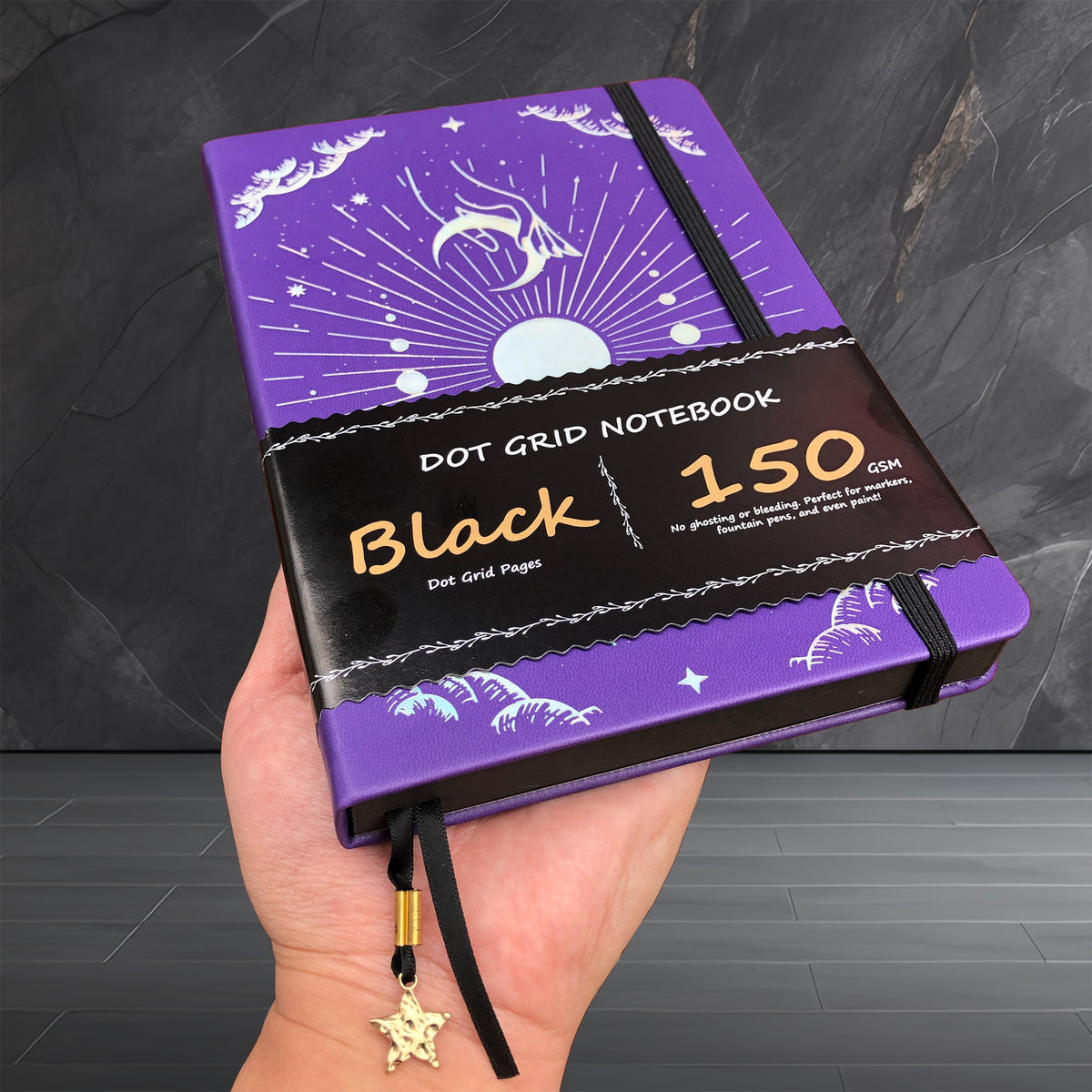 150g Black Paper Bullet Dotted Journal-Moons-Purple Color PU Leather A5 Size Hardcover