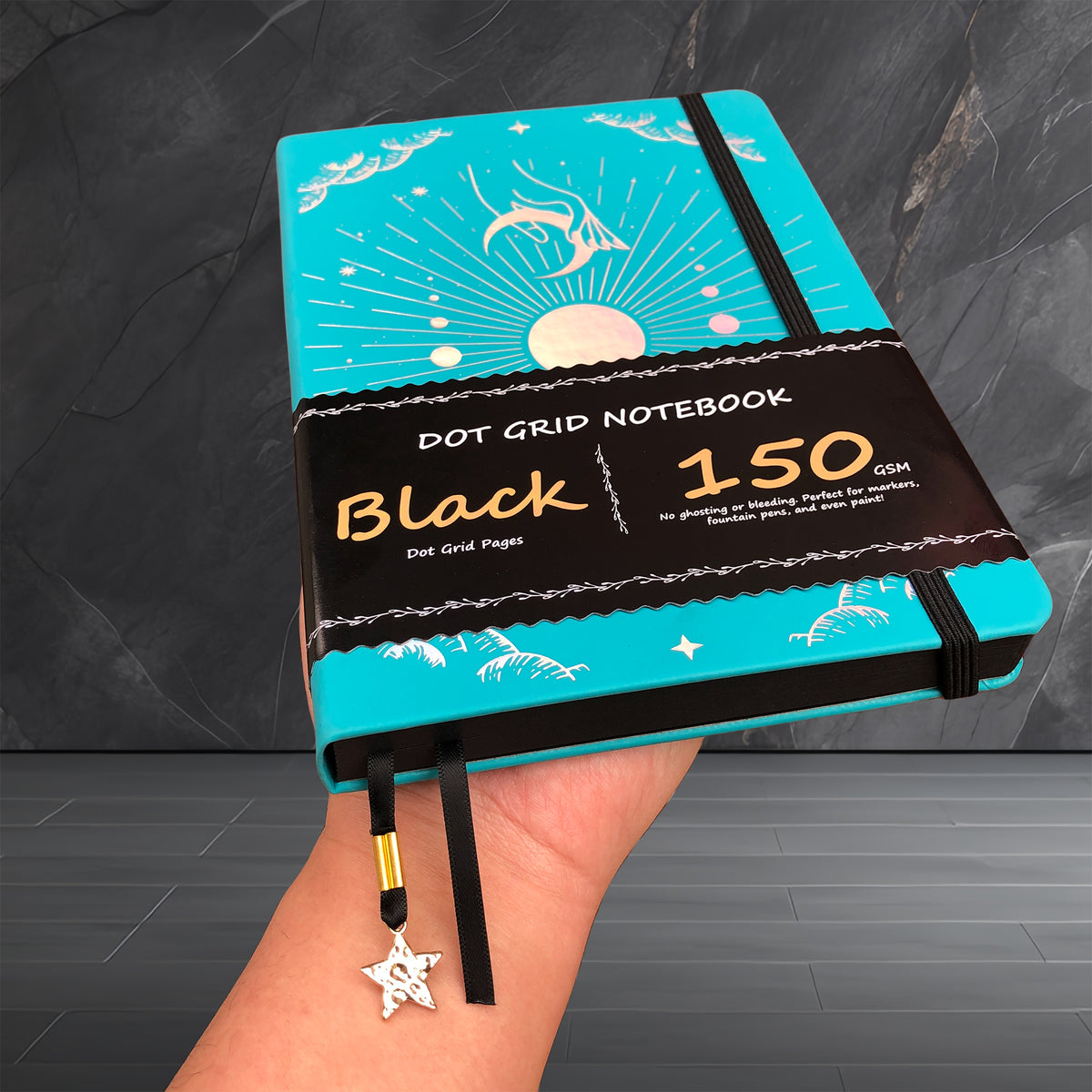 150g Black Paper Bullet Dotted Journal-Moons-Blue Color PU Leather A5 Size Hardcover