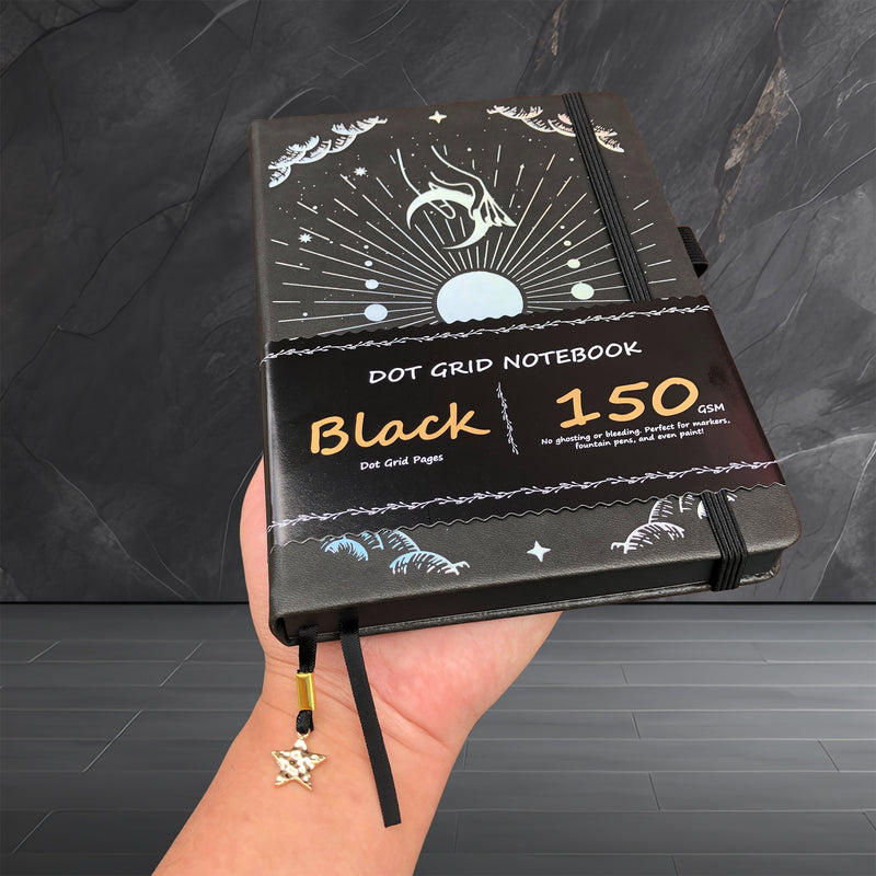 150g Black Paper Bullet Dotted Journal-Moons-Sky Grey Color PU Leather A5 Size Hardcover-zoom-