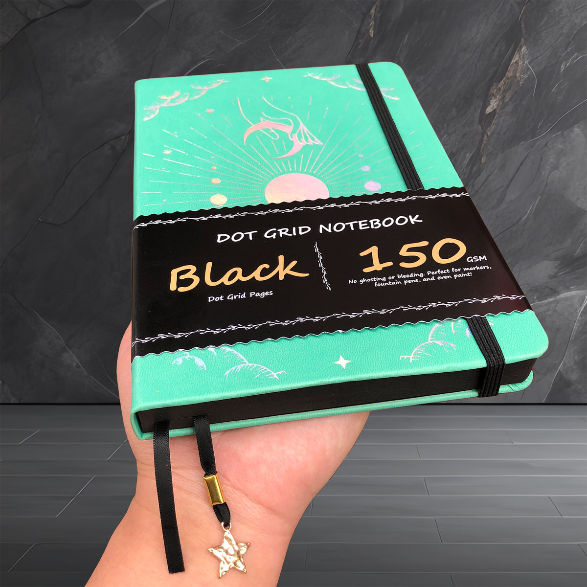 150g Black Paper Bullet Dotted Journal-Moons-Green Color PU Leather A5 Size Hardcover