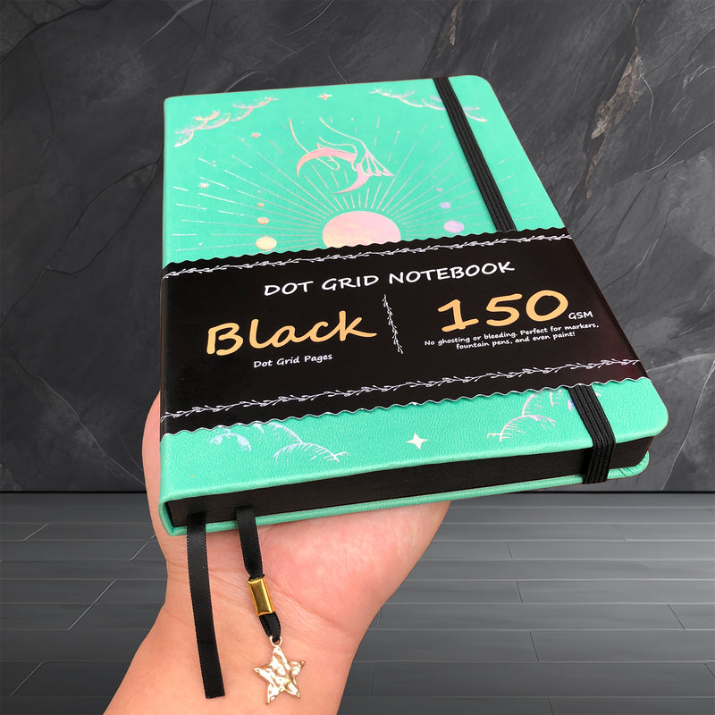 Journal à pois en papier noir de 150g, carnet de notes à grille de points de 160 Pages 5x5mm, couverture rigide en cuir PU végétalien de taille A5 avec interdiction élastique-zoom-