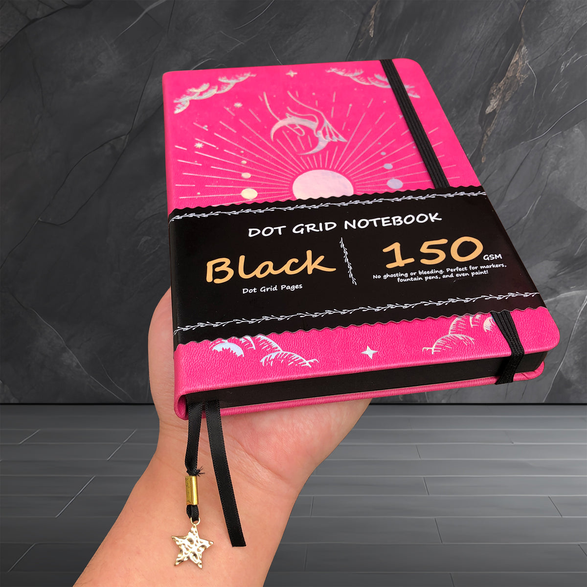 Journal à pois en papier noir de 150g, carnet de notes à grille de points de 160 Pages 5x5mm, couverture rigide en cuir PU végétalien de taille A5 avec interdiction élastique