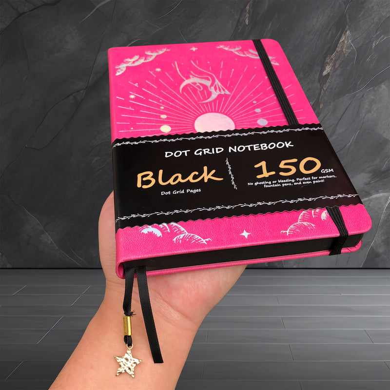 150g Black Paper Bullet Dotted Journal-Moons-Rose Red Color PU Leather A5 Size Hardcover-zoom-