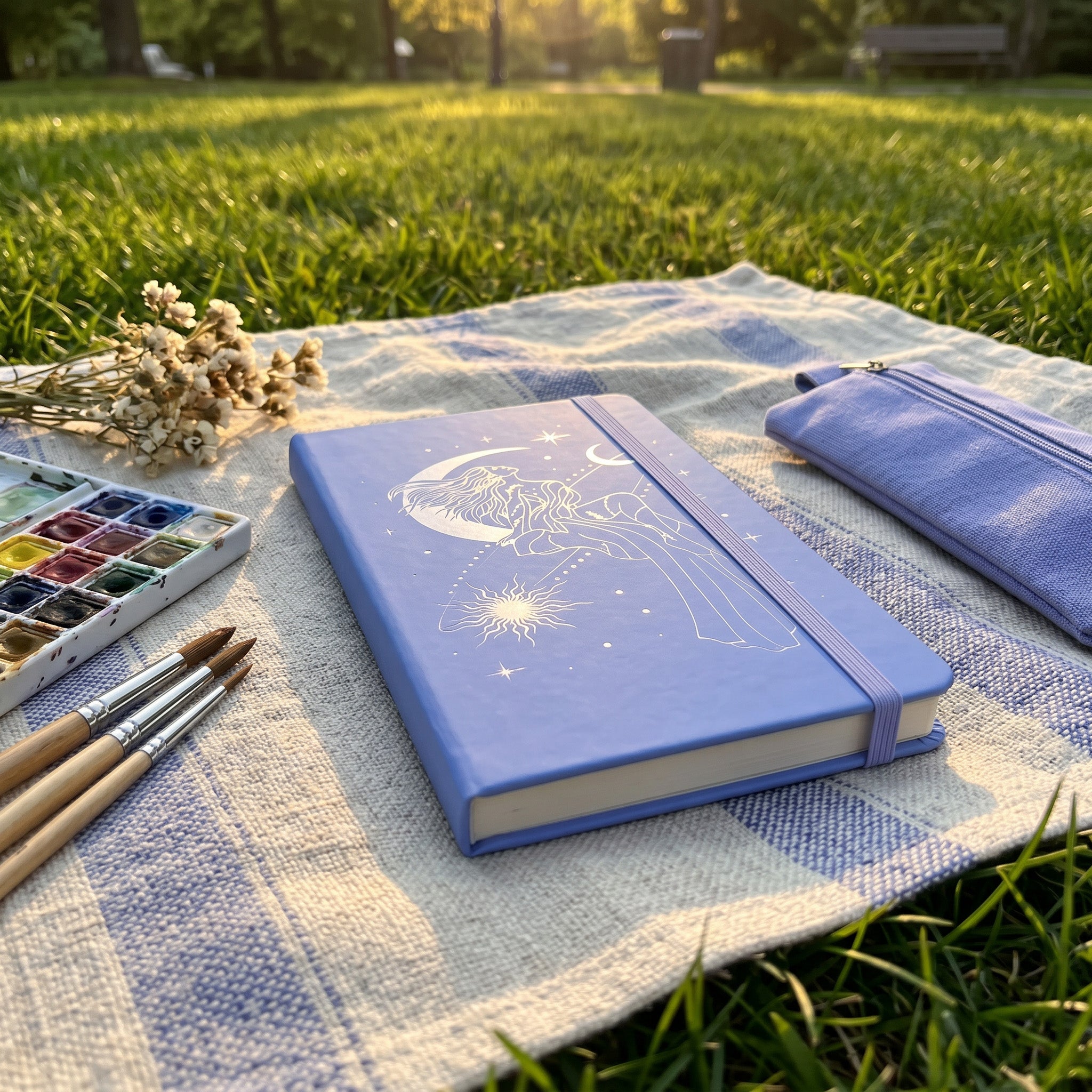 Lavender notebook with elastic band and rose gold celestial illustration