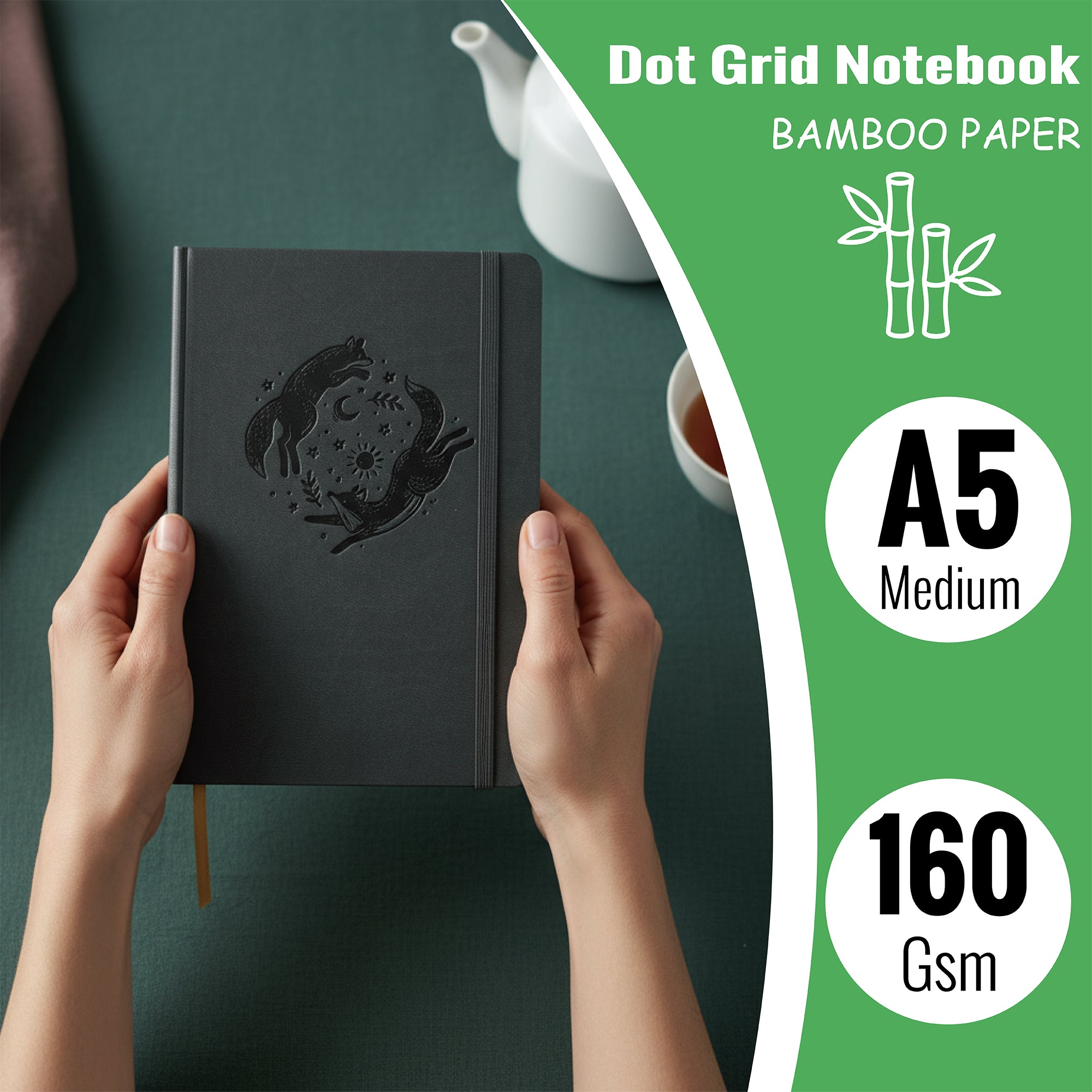 Gift-Ready A5 Dot Grid Journal in Dark Grey with Embossed Fox Moon Cover-zoom-5