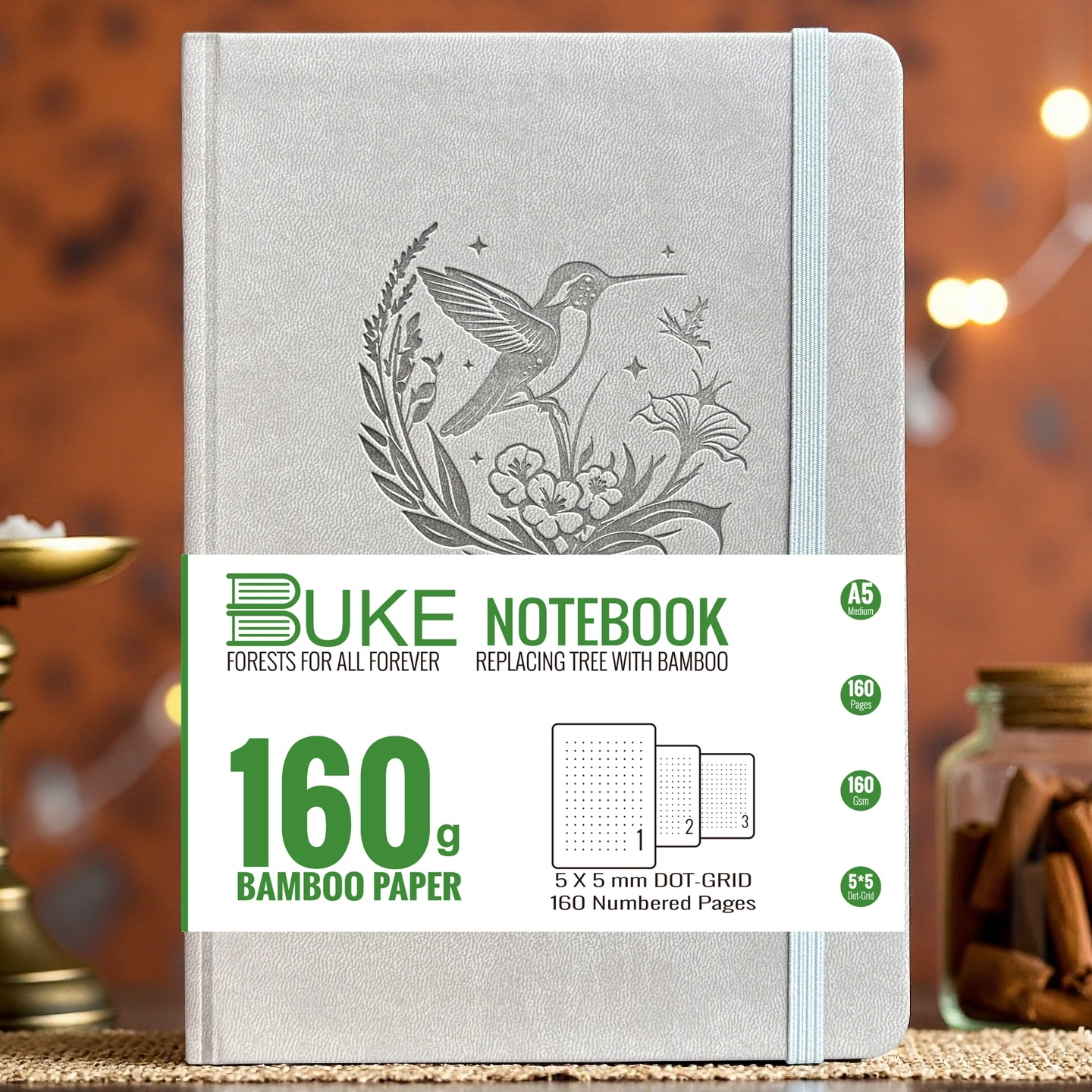 A5 Dot Grid Notebook 160gsm Bamboo Paper Journal with Embossed Hummingbird Cover-1