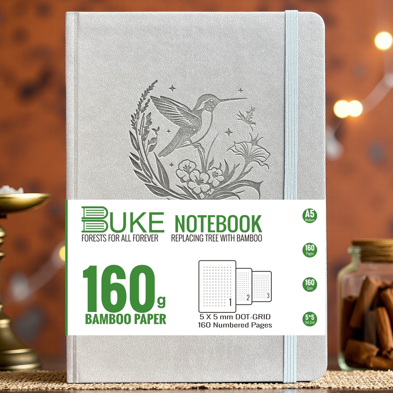 A5 Dot Grid Notebook 160gsm Bamboo Paper Journal with Embossed Hummingbird Cover-zoom-