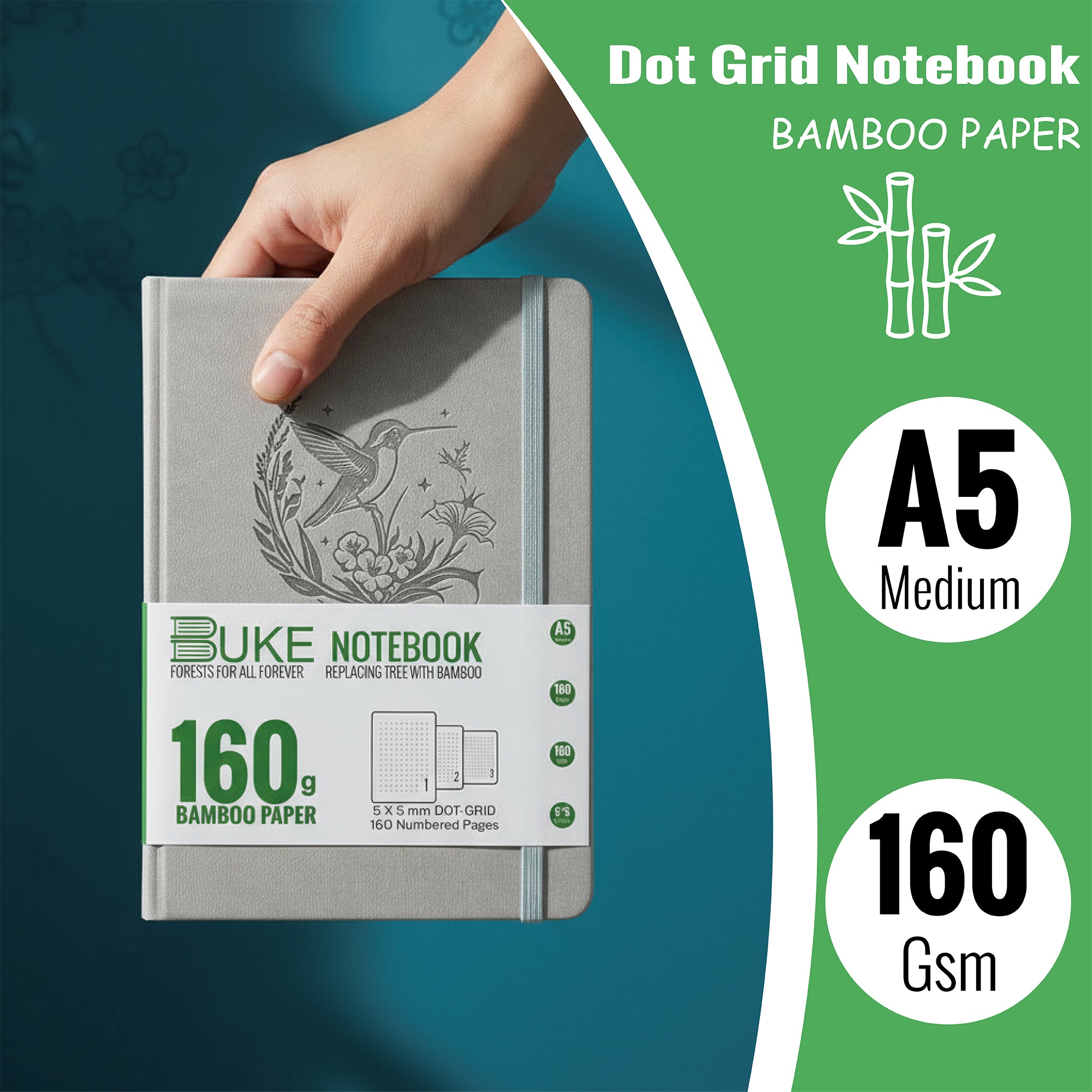 A5 Dot Grid Notebook 160gsm Bamboo Paper Journal with Embossed Hummingbird Cover-zoom-6