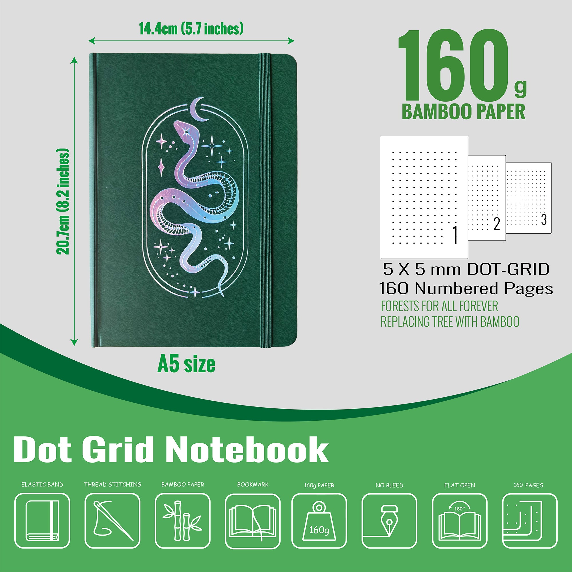 A5 Dot Grid Notebook Dark Green PU Journal with Iridescent Snake Cover-zoom-4