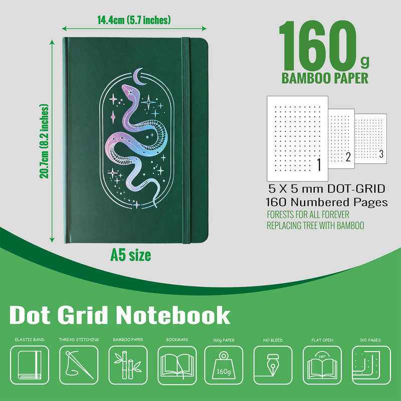 A5 Dot Grid Notebook Dark Green PU Journal with Iridescent Snake Cover-zoom-