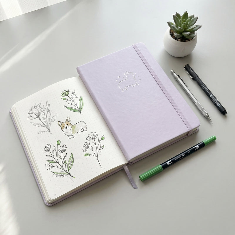 A5 Lavender Corgi Dot Grid Journal with 160gsm Numbered Pages-zoom-