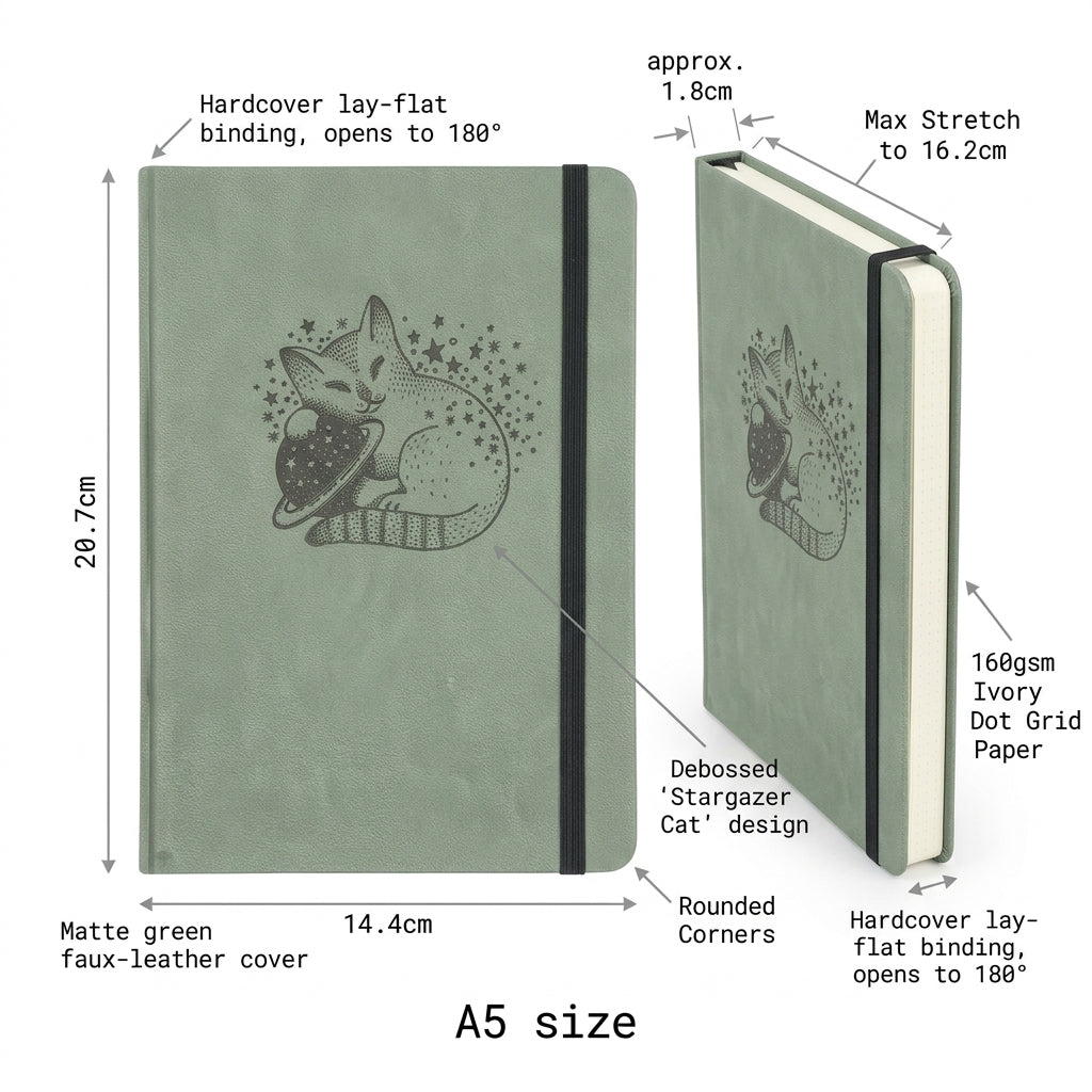 Stargazer Cat A5 Dot Grid Notebook 160gsm Sage Green Hardcover Journal-4