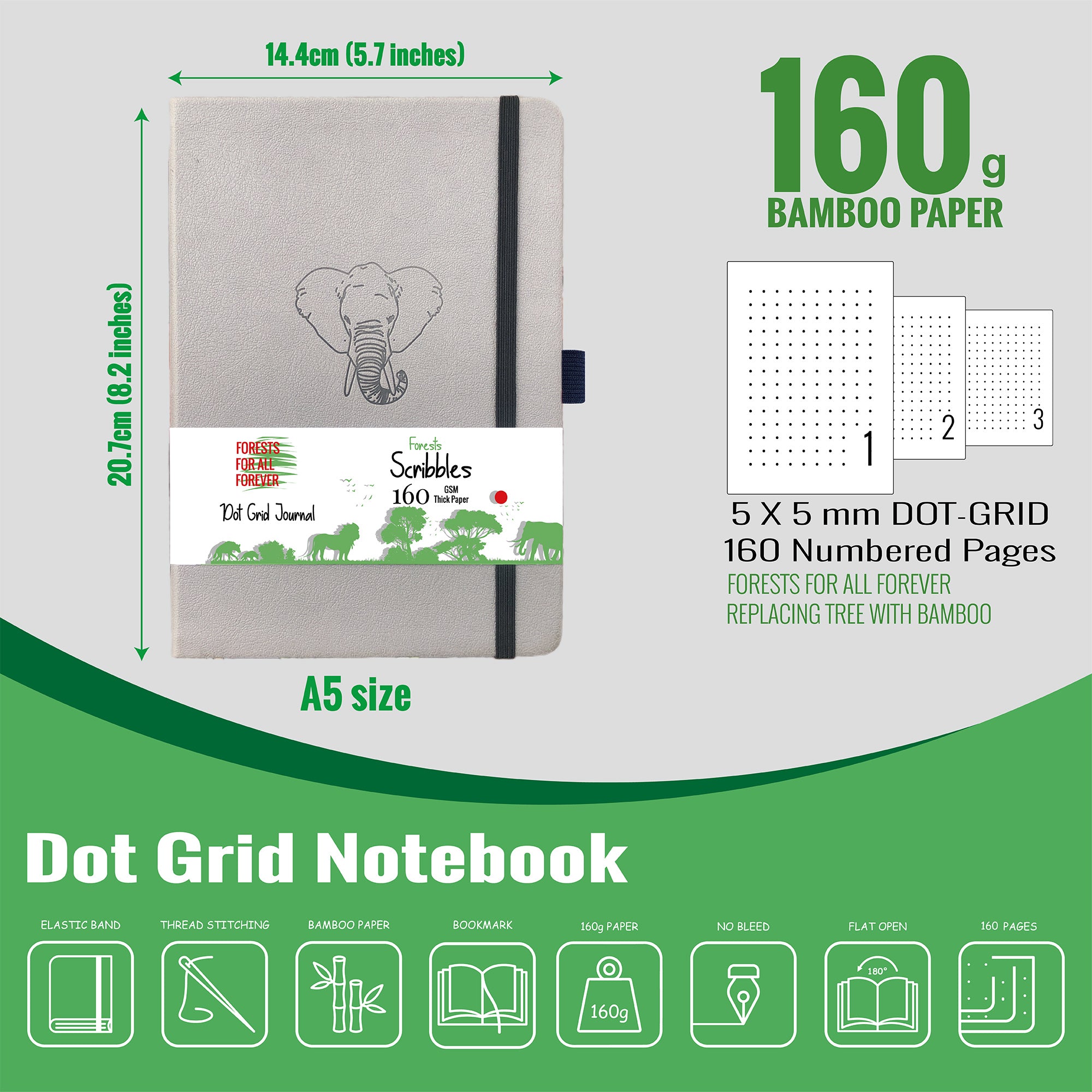 A5 Elephant Dot Grid Journal with 160gsm Bamboo Paper-zoom-7