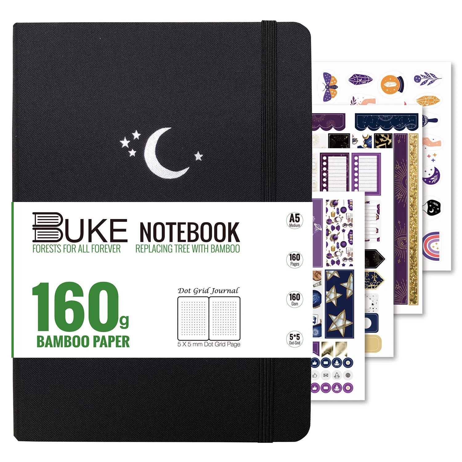 160GSM Bamboo Paper Bullet Dotted Journal Sketchbook Black Fabric Hardcover A5 Size,160 Pages 5x5mm DOT-GRID MOON Stars-1