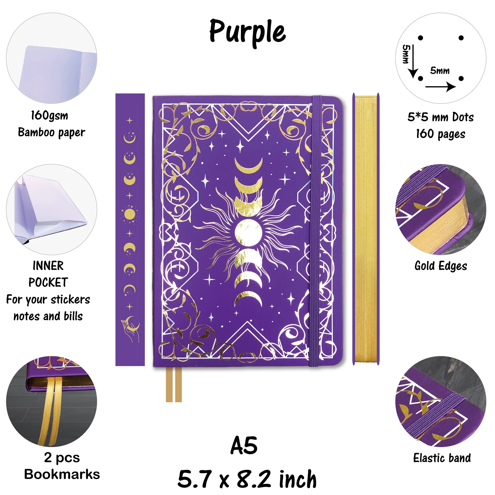160GSM Bamboo Paper Bullet Dotted Journal-Gold Edges and MOONS-zoom-3
