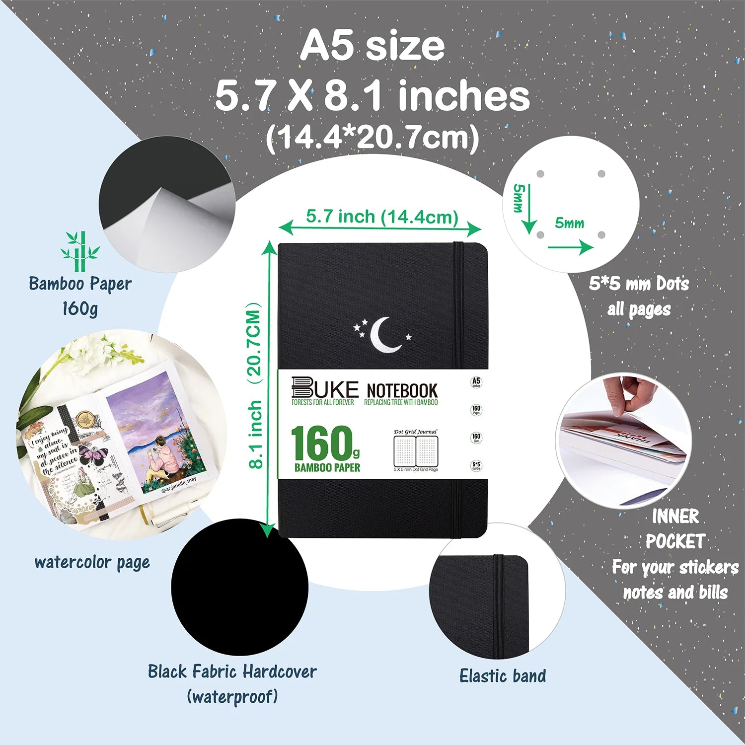 160GSM Bamboo Paper Bullet Dotted Journal Sketchbook Black Fabric Hardcover A5 Size,160 Pages 5x5mm DOT-GRID MOON Stars-zoom-2