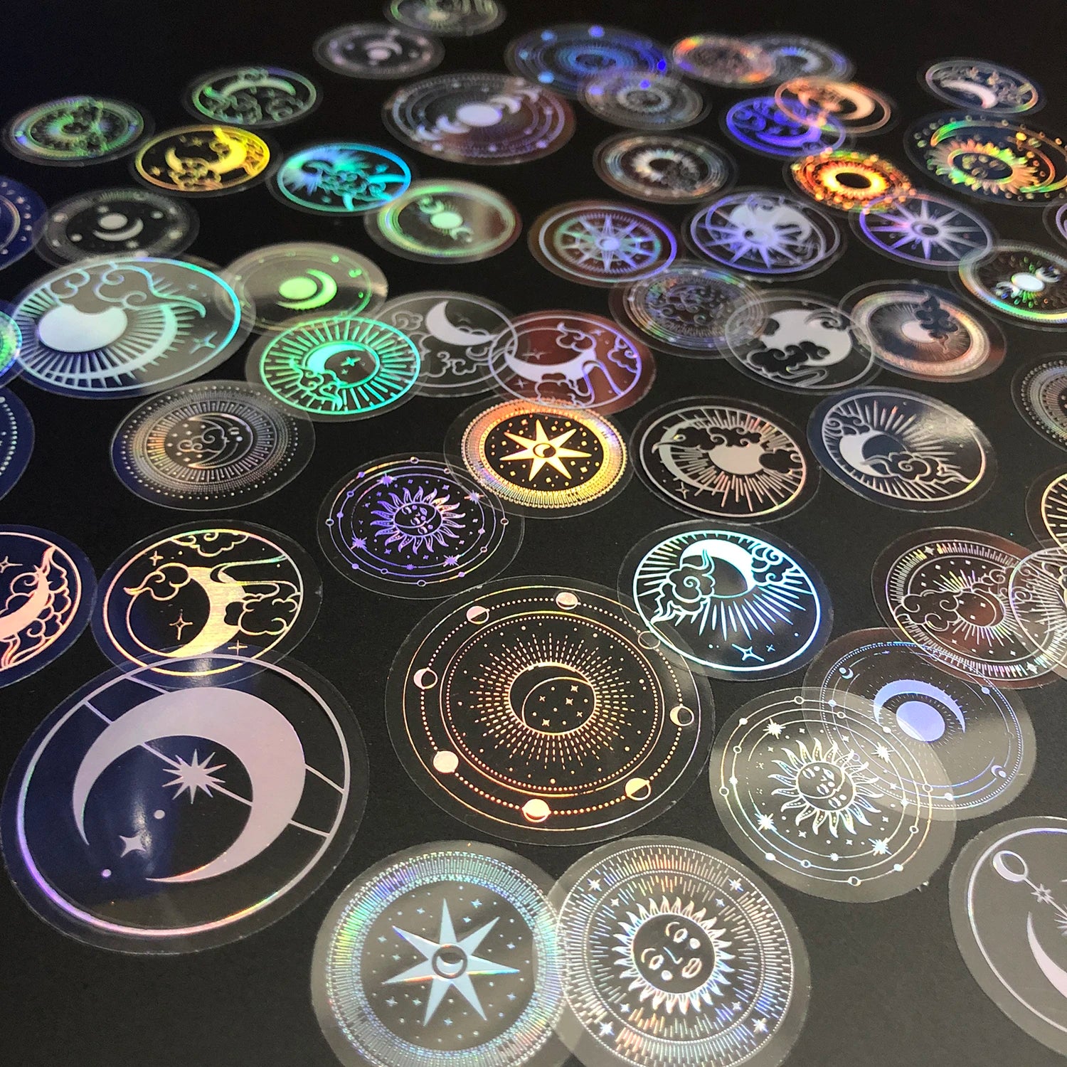 70 pcs PET Adhesive Stickers Waterproof Transparent Laser Silver Stickers Label: SUN MOON Stars etc-1