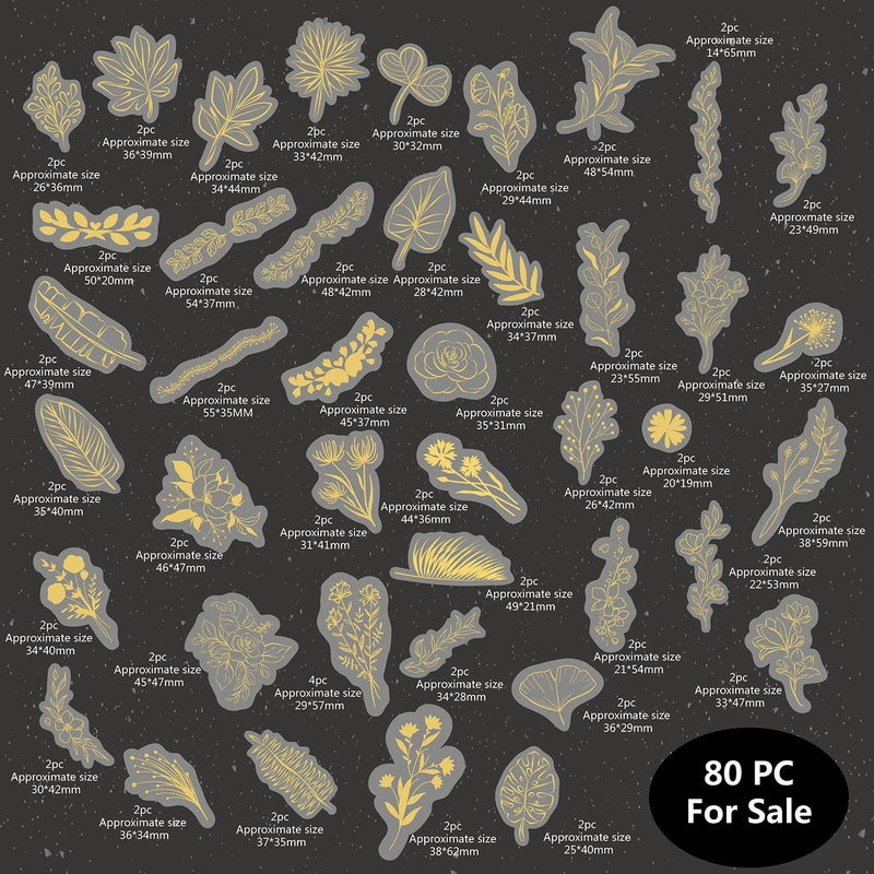 80 Pcs Glitter Gold Stickers Plant Flower,Waterproof Transparent Decorative Decals, PET Adhesive Sticker Label-zoom-