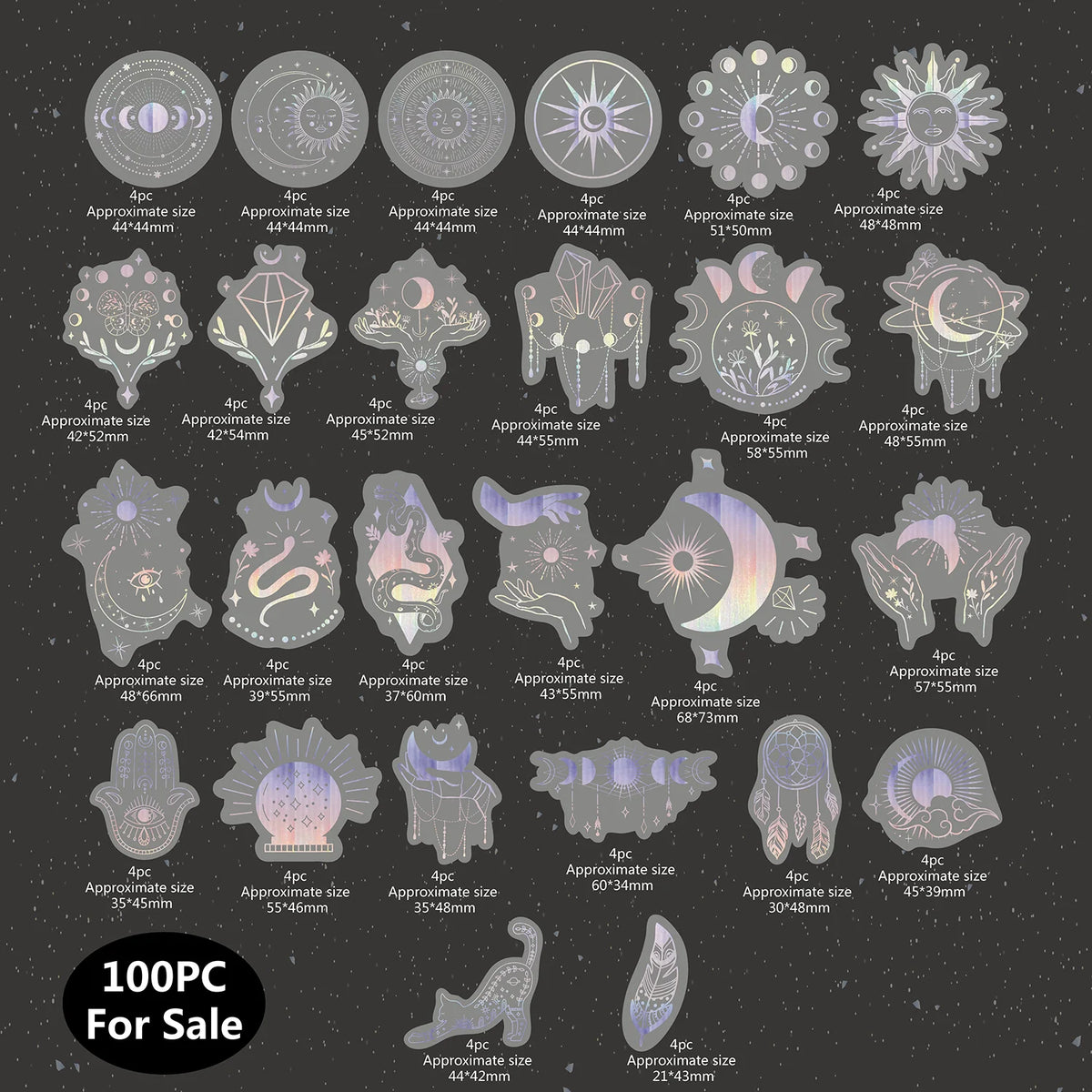 100 pcs Laser Silver Stickers Waterproof Transparent PET Adhesive Sticker Label, The Bohemian Style: Moon, SUN, Diamond, Feather